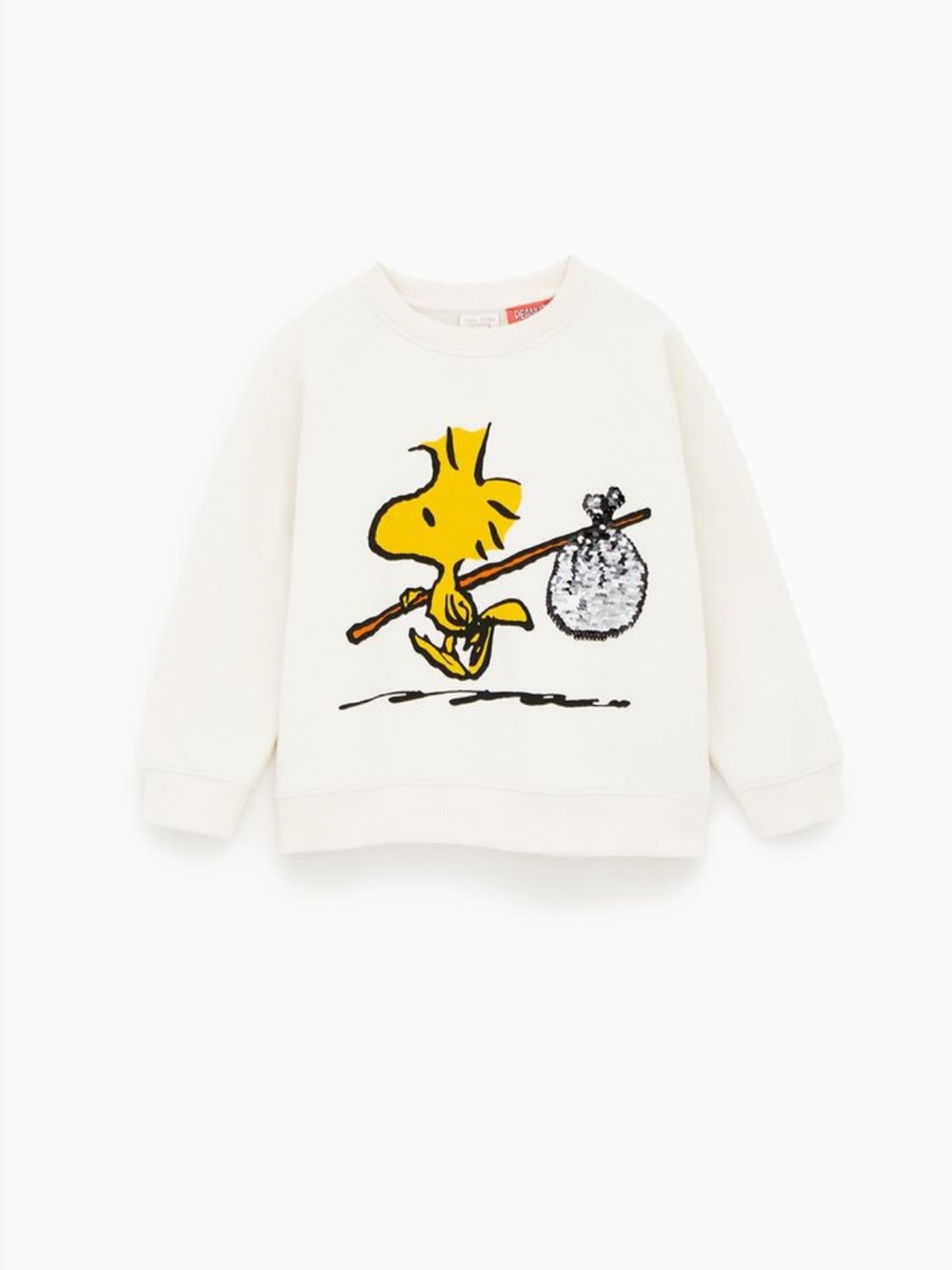 Zara Girls Cream Sweatshirt with Yellow Woodstock Graphic and Sequin Details